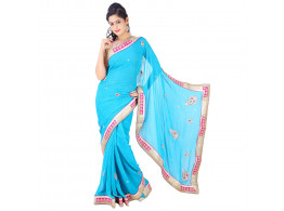 Archiecs Creations Stunning Jaipuri Nakashi-Moti Work Pure Viscose-Georgette Saree (With Blouse Piece - Sky Blue