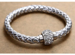 Pu Leather Crystal Bracelet With Magnet Clasp - Silver