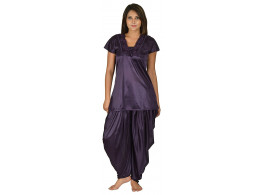 Archiecs Creation Women's Satin Purple Nightdress With Patiyala