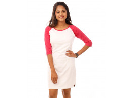  Pink Melange-Brilliant White 3/4th Sleeve T Shirt Dress