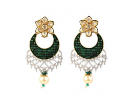 Vatika's High Quality Cubic Zircon Green Chandbali with Kundan Earrings - 0366