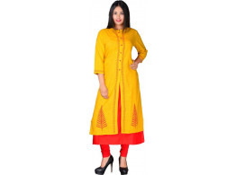 Radha's Block Print Women's Frontslit Kurta  (Yellow)