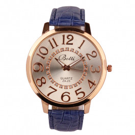women fashion quartz wristwatch numerals golden dial blue leather strap