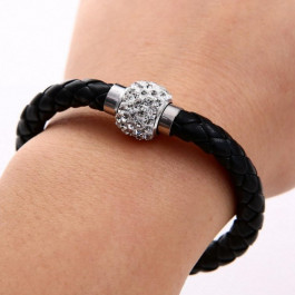 Pu Leather Crystal Bracelet With Magnet Clasp - Black