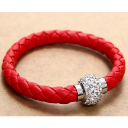 Pu Leather Crystal Bracelet With Magnet Clasp - Red